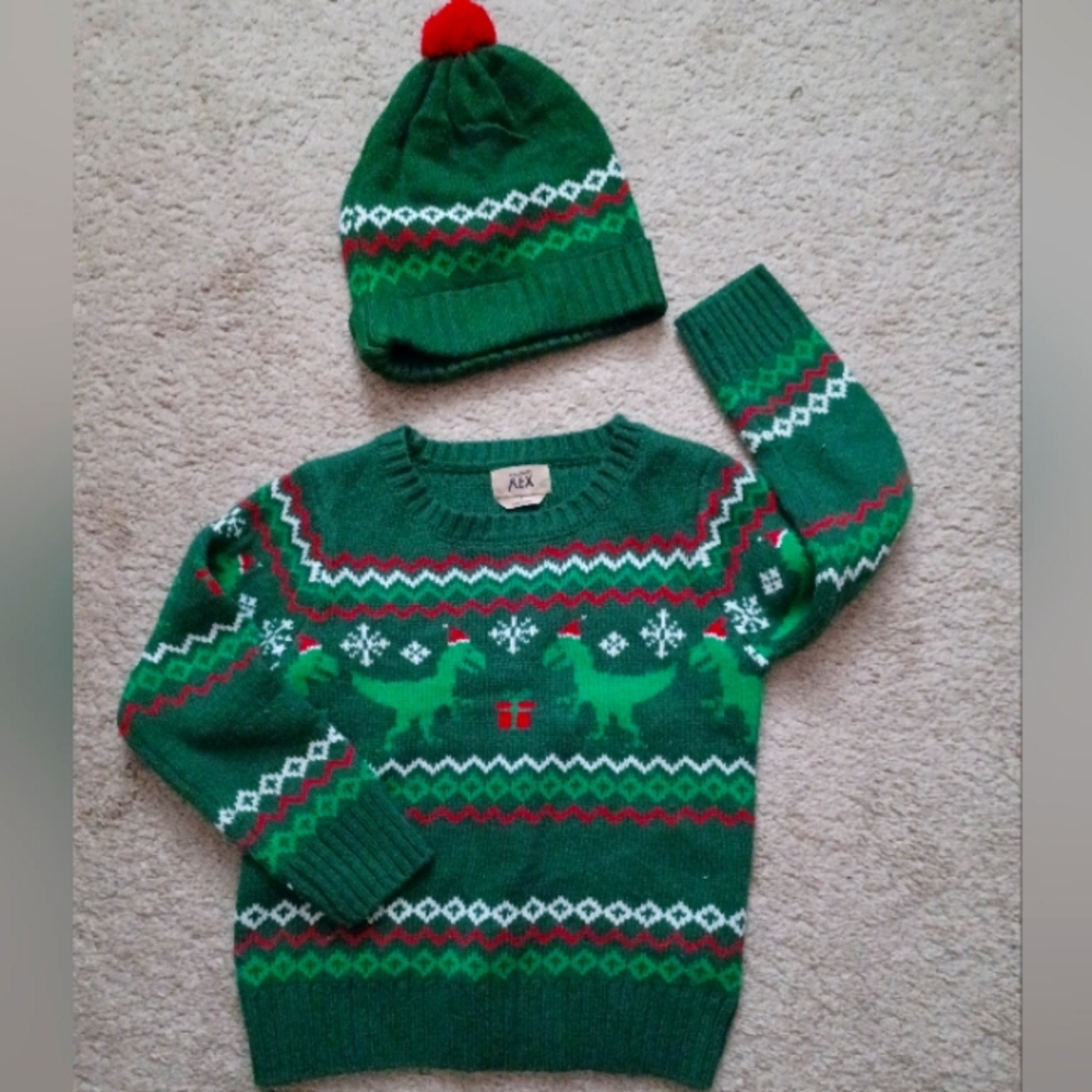 T-Rex Dinosaur Christmas Winter Sweater With Matching Hat